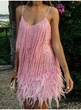 极速20a23 ew Se assel Sequins Feather   Women Spaghetti Stra