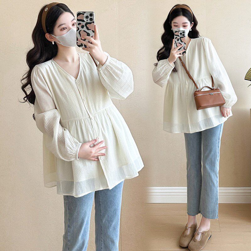 新品孕妇春装上衣女中p长款孕妇装春秋时尚V领娃娃衫显瘦洋气长袖