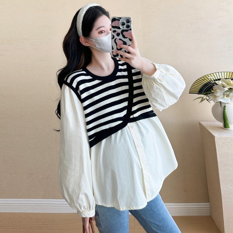 新品孕妇春装上衣女2025新款套装宽松长袖娃娃衬衫T恤.小个子夏春