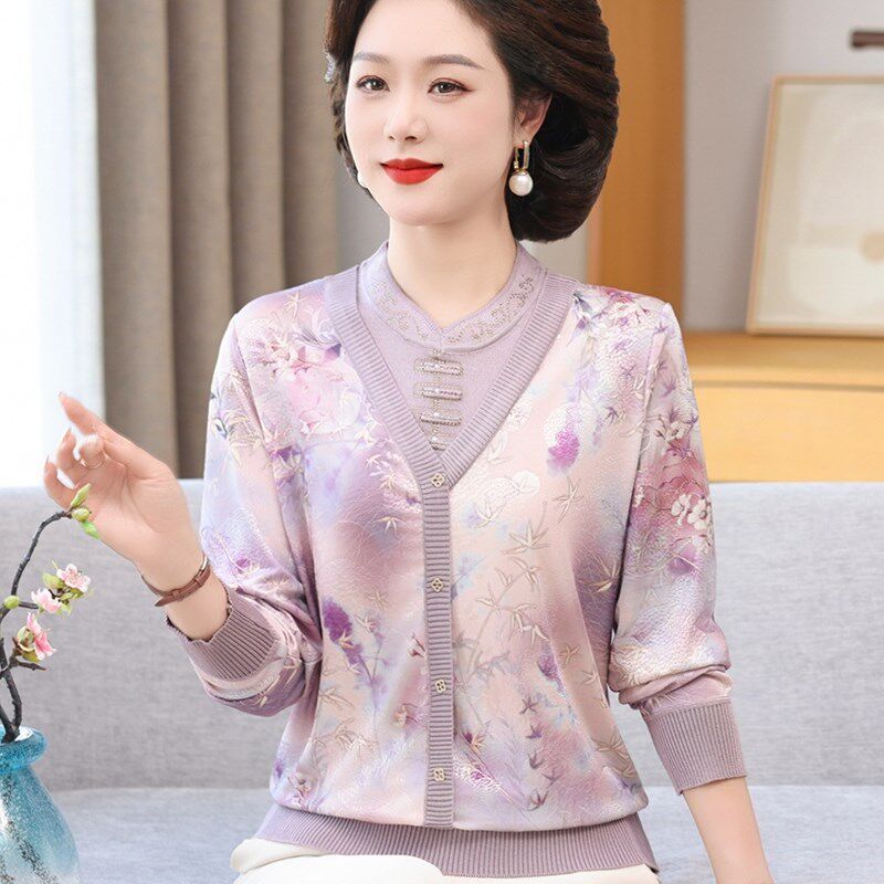 新品妈妈装c假两件T恤上衣春秋长袖针织纯棉打底衫中老年女宽松两