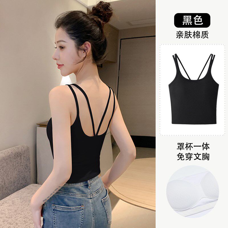 新品黑色吊带背心女内搭外穿夏季美背文胸一体纯R棉带胸垫短款打