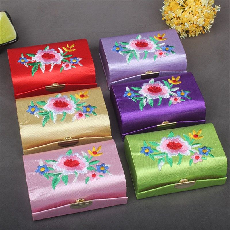 极速绣花双支口红盒带镜子中国风复古刺绣牡丹喜糖盒彩Z色首饰盒