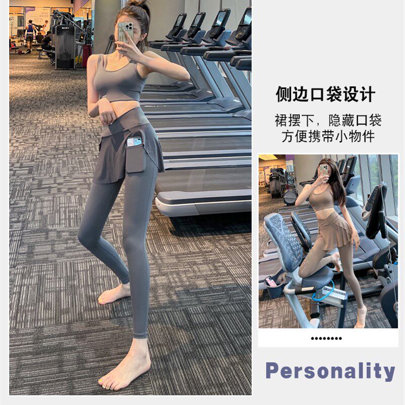 新品假两件高腰提臀紧身运动裤女速干透气训练瑜伽裙裤Z跑步高弹