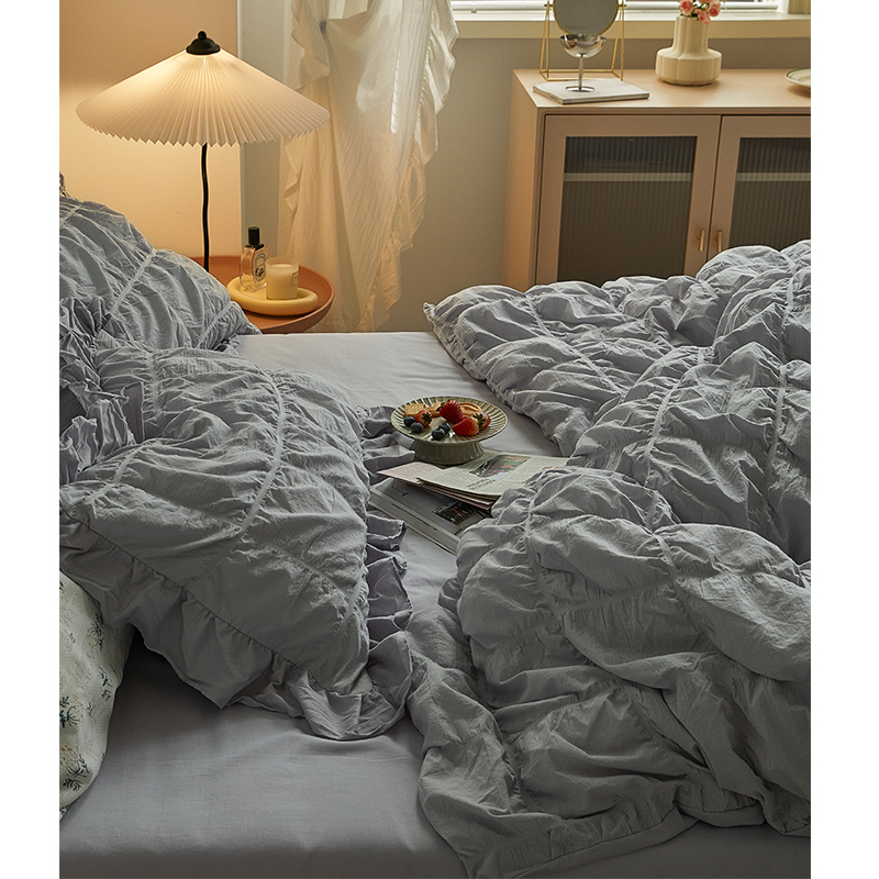 极速莱斯特小姐/小法式褶皱泡z泡全棉床单四件套素色被套床笠3件