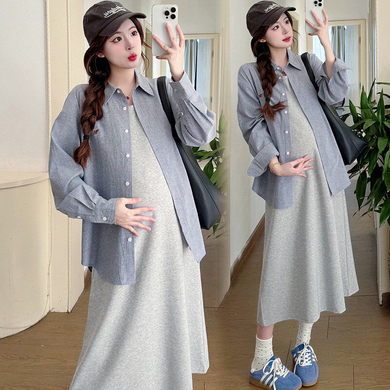 新品孕妇春装连衣裙中长款2025新款时髦宽松背心裙上衣.怀孕期春