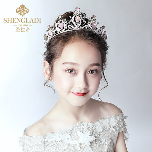 新品儿童皇冠头饰公m主女童王冠水晶发箍粉色小孩生日发卡走秀演