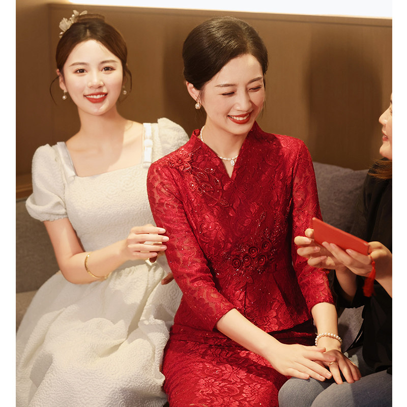 新品喜婆婆婚宴装2024新款旗袍妈妈礼服婚礼丈母娘红色Z蕾丝绝美