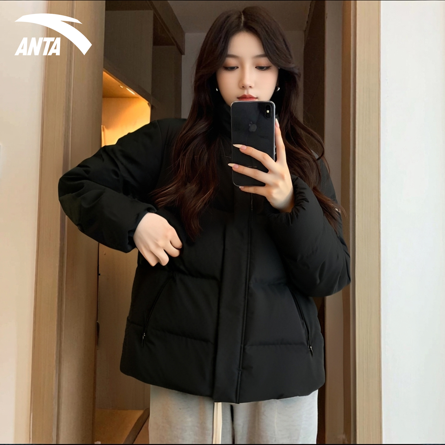 安踏羽绒服女短款轻便面包服