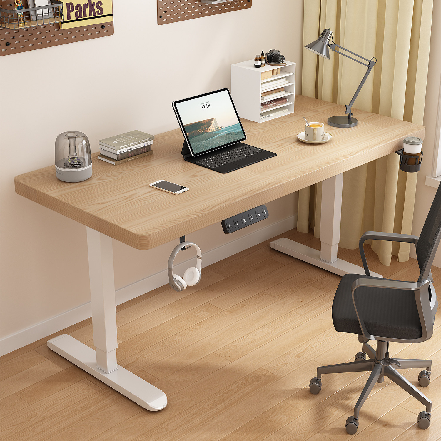 实木电动升降桌智能电脑桌可升降简约工作台办公桌家用书桌写字桌