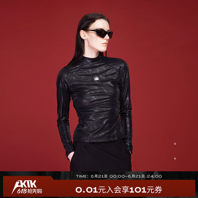 AKTK上衣 秋冬新品小众设计机能分割立领修纯色百搭显瘦T恤女