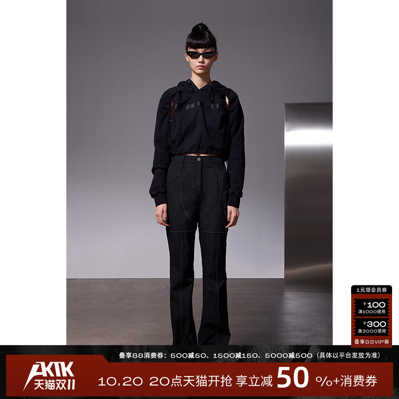 AKTK/ANNK 新款 小众设计 两侧破洞抽褶短款连帽卫衣