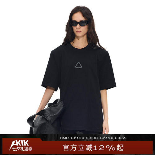 AKTK三角牌缎面荡领宽松设计感拼接T恤女夏2026新款高级感