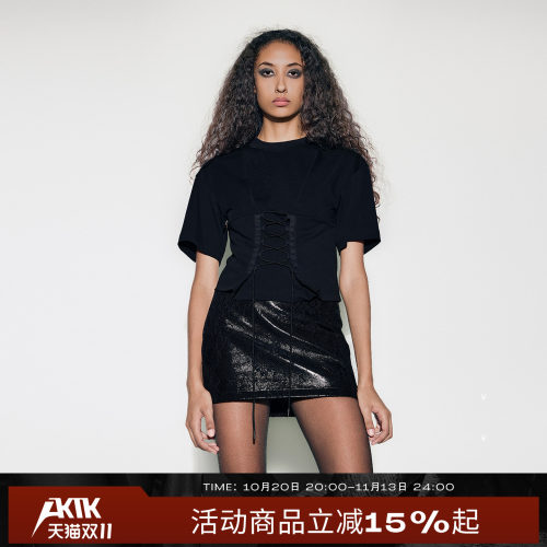 AKTK 三角牌系带收腰修身型朋克风纯色绑带短袖T恤上衣2026年秋季