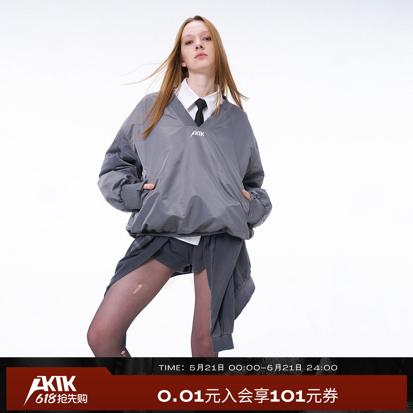 AKTK【许天奇同款】三角牌磨烂三防朋克V领宽松长袖哑光棉衣棉服