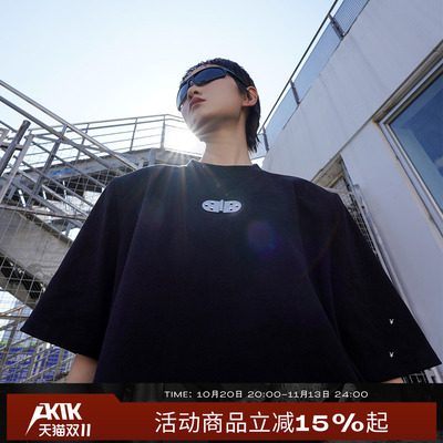 AKTK小众设计 金属扣垫肩黑色短袖T恤先锋设计上衣
