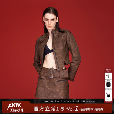 AKTK半裙秋冬新品设计感美拉德复古做旧金属扣腰带机车短裙女