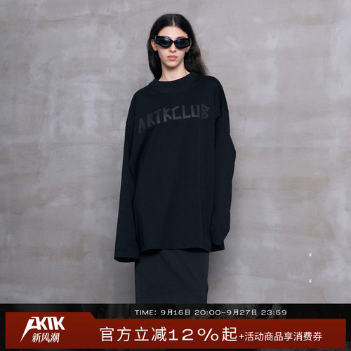 AKTK秋季新款 LOGO印花双领长袖宽松朋克先锋设计T恤女打底衫
