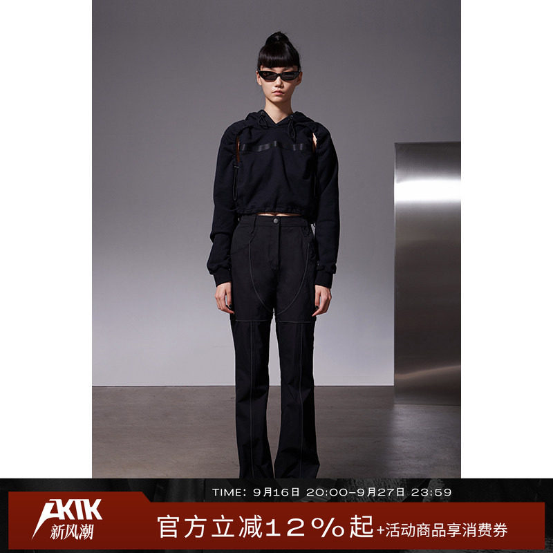 AKTK/ANNK 新款 小众设计 两侧破洞抽褶短款连帽卫衣图片