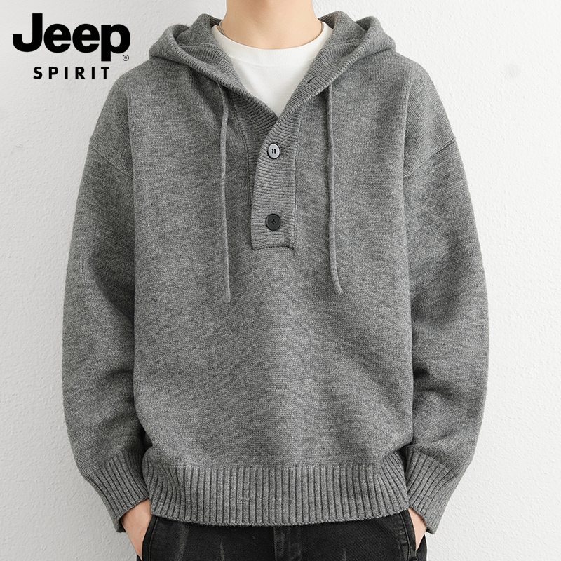 吉普秋冬季连帽毛衣男针织衫外套