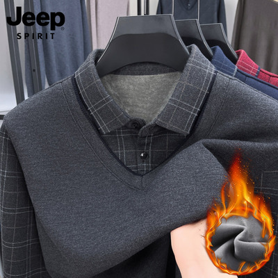 衬衫领加绒毛衣防风保暖针织衫男