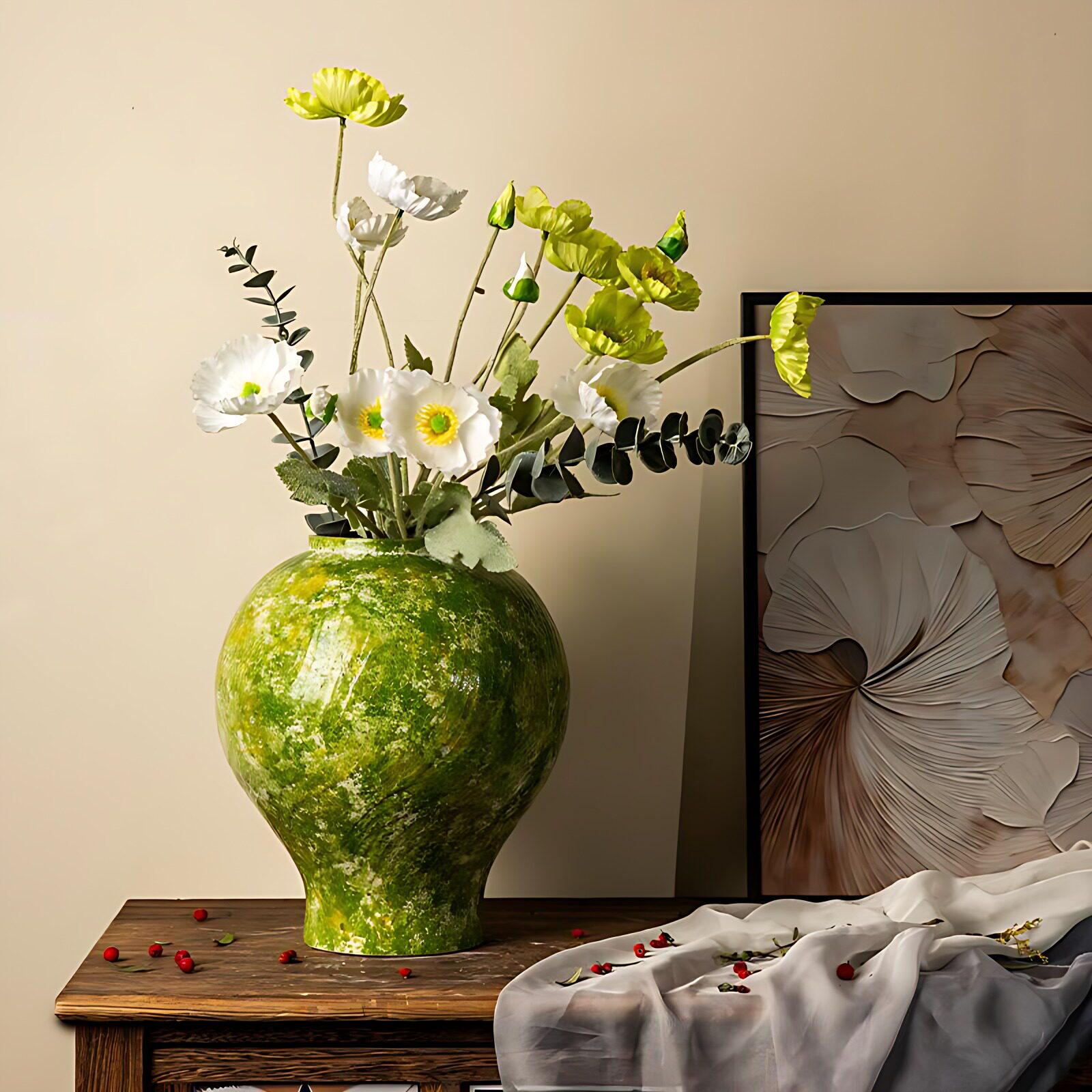 复古绿粗陶瓷花瓶高级感陶罐摆件