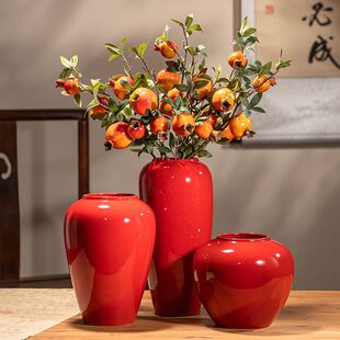景德镇红色高温陶瓷花瓶高级感轻奢古典花瓶高档艺术感客厅插花瓶