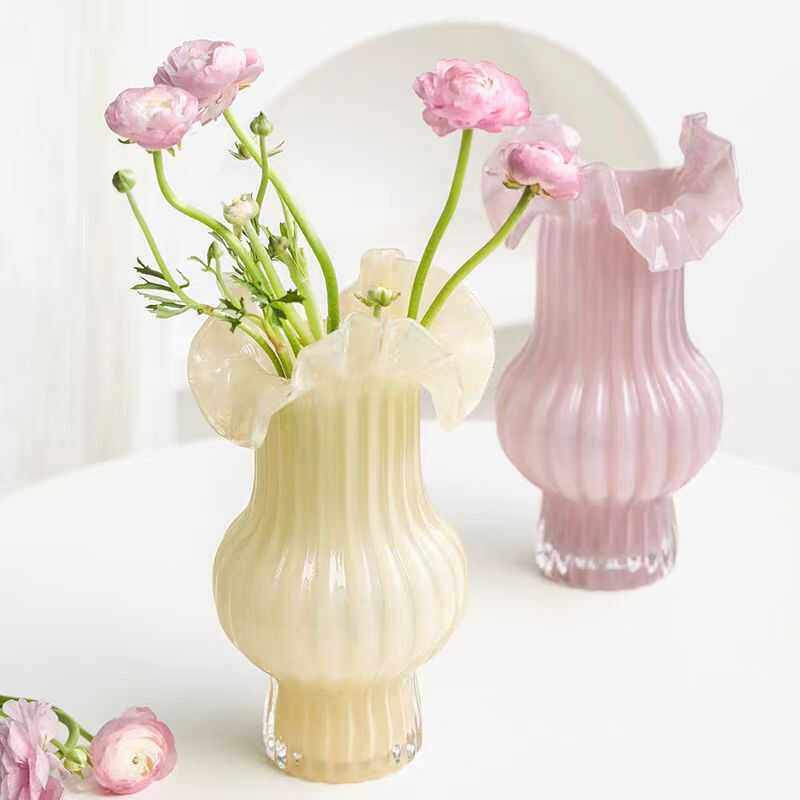 复古文艺高级感摆件客厅玫瑰百合餐桌大肚奶油风芬顿高档玻璃花瓶