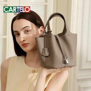 银扣真皮女包菜篮子包包2025新新款时尚手提包荔枝纹水桶包女士包