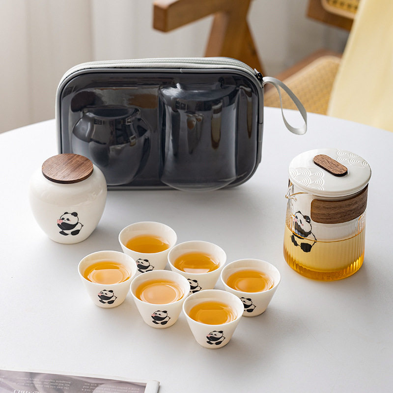 熊猫花花快客杯陶瓷便携式旅行茶具茶杯茶壶一人茶具户外露营套装