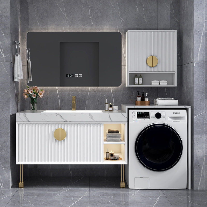 实木岩板无缝陶瓷盆洗衣机一体柜卫生间洗漱洗衣洗脸台盆柜浴室柜