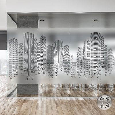 创意方块城市建筑办公室玻璃贴膜公司工程玻璃墙装饰静电磨砂贴纸
