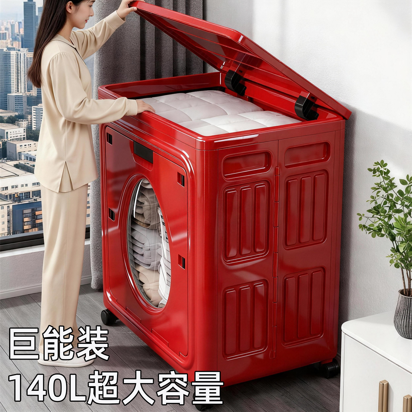 日本大容量衣物收纳箱翻盖被子专用超大储物箱衣服整理箱带滑轮柜