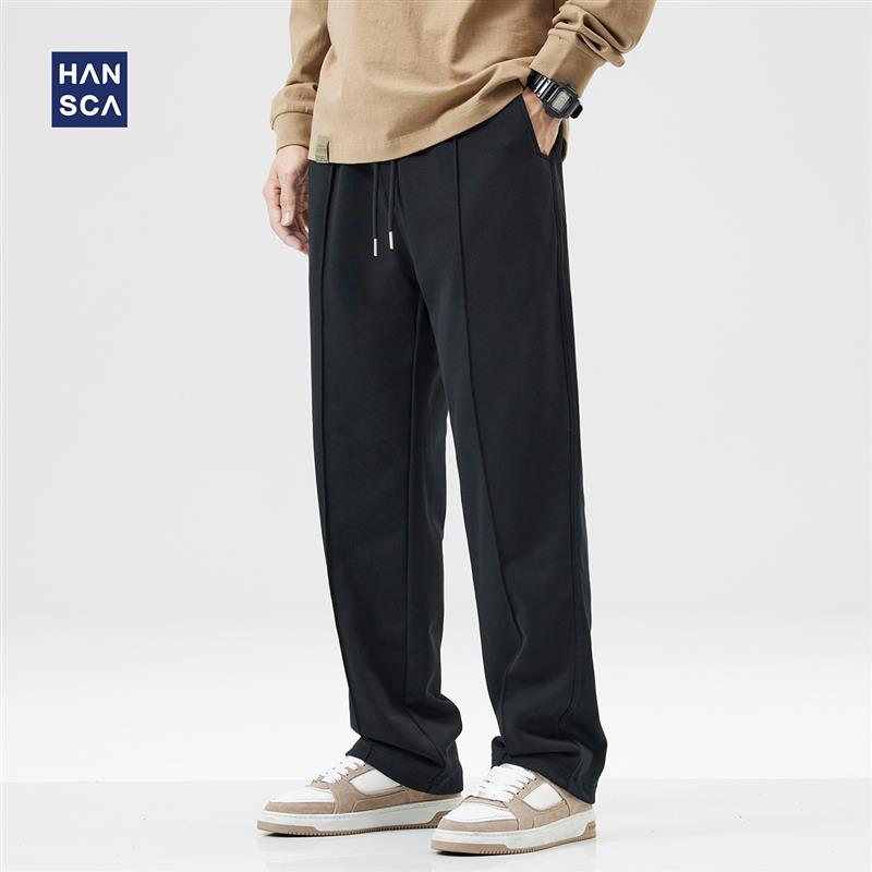 hansca重磅卫裤男冬季加绒加厚潮牌宽松运动抽绳直筒黑色拖地裤子
