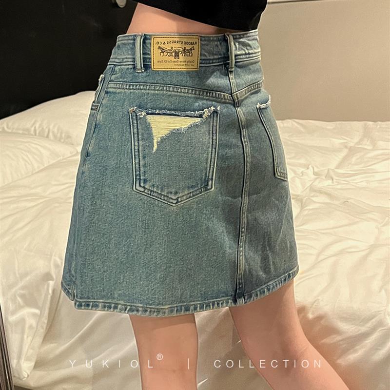 【现货】牛仔短裙女2024年夏新款半身裙高腰薄款复古蓝开叉A字裙