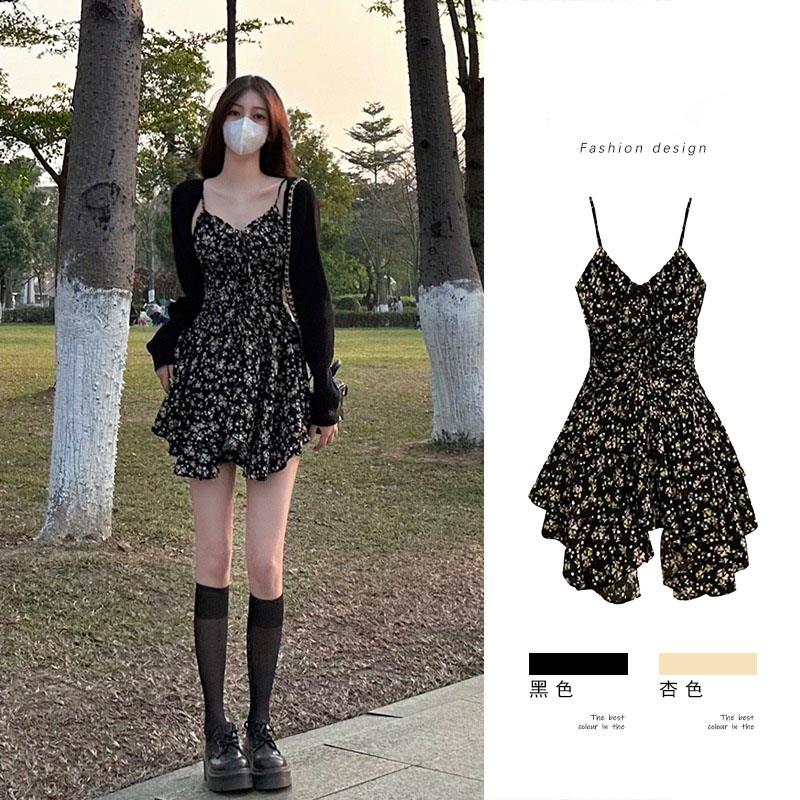 法式chic吊带碎花连衣裙套装女性感辣妹短裙小个子入秋搭配一整套