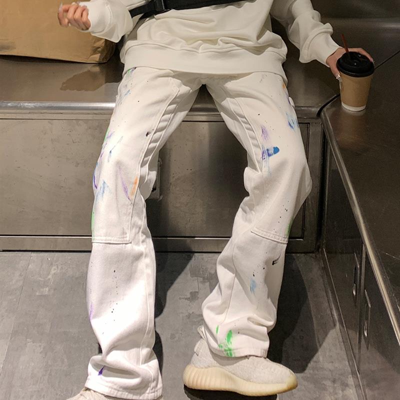 爆款推荐新因素白色泼墨牛仔裤男女直筒宽松辣妹裤子潮牌xinyinsu