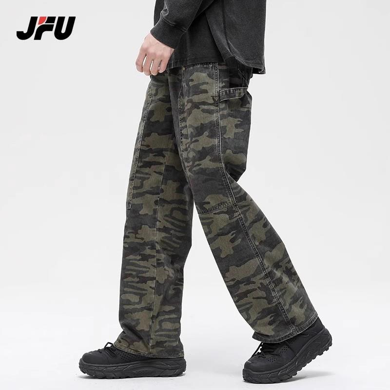 JFU工装牛仔裤男春秋款美式复古迷彩裤宽松直筒高街阔腿长裤子