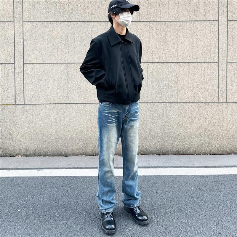 517牛仔裤怀旧深蓝色vintage高街微喇雪花洗做旧cleanfit风格vibe