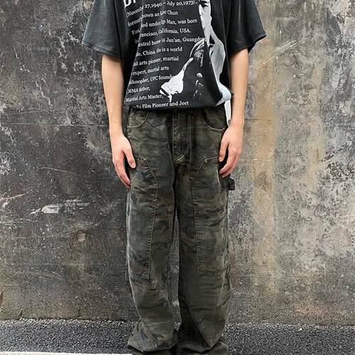 F2OCUS美式高街洗水做旧迷彩工装裤男女宽松百搭直筒阔腿休闲长裤