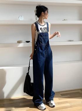 DTFT韩版宽松盐系阔腿牛仔背带裤女春秋2024年吊带裤子连体拖地裤