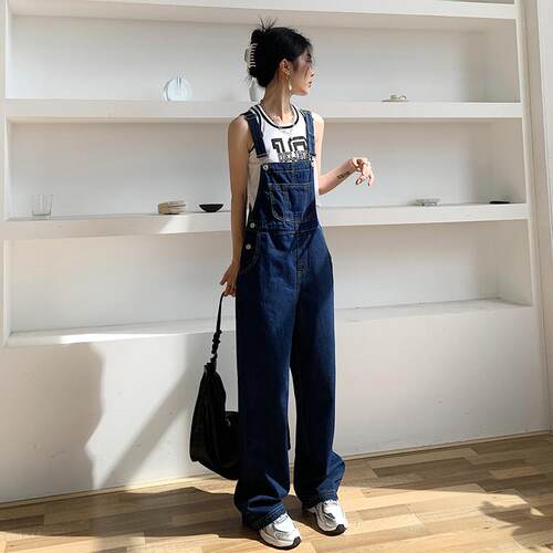 DTFT韩版宽松盐系阔腿牛仔背带裤女春秋2024年吊带裤子连体拖地裤