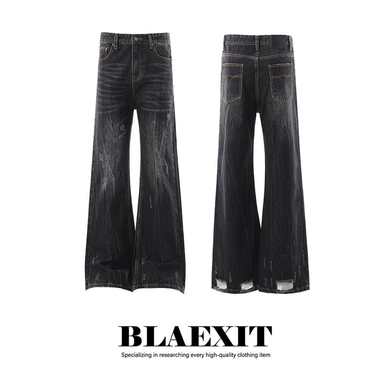 BLAEXIT美式闪电纹水洗黑色微喇牛仔裤男款直筒修身cleanfi丁字裤
