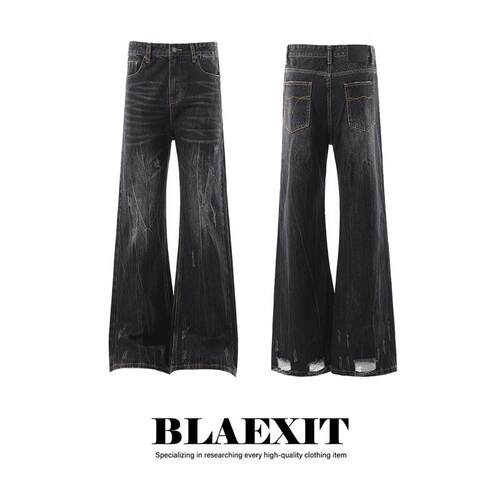 BLAEXIT美式闪电纹水洗黑色微喇牛仔裤男款直筒修身cleanfi丁字裤
