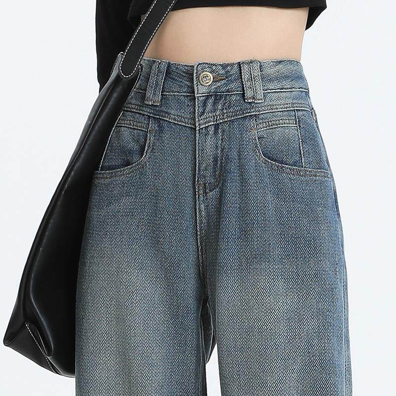 浅色高腰牛仔裤女2025春季新款小个子休闲宽松微喇直筒窄版阔腿裤