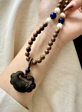 新品沉香莲花如意锁项链毛衣链 搭配牛骨桶珠青金S石 藏式女款项