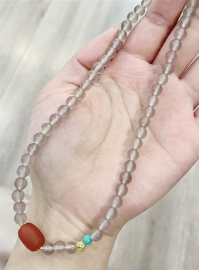 新品天然灰玛瑙搭配老玛瑙转运珠两圈女款手链 大漆冰X透灰色女款