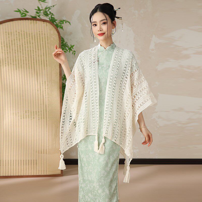 新品依红颜旗袍披肩夏季少u女配裙子流苏外搭镂空钩织斗篷宽松风