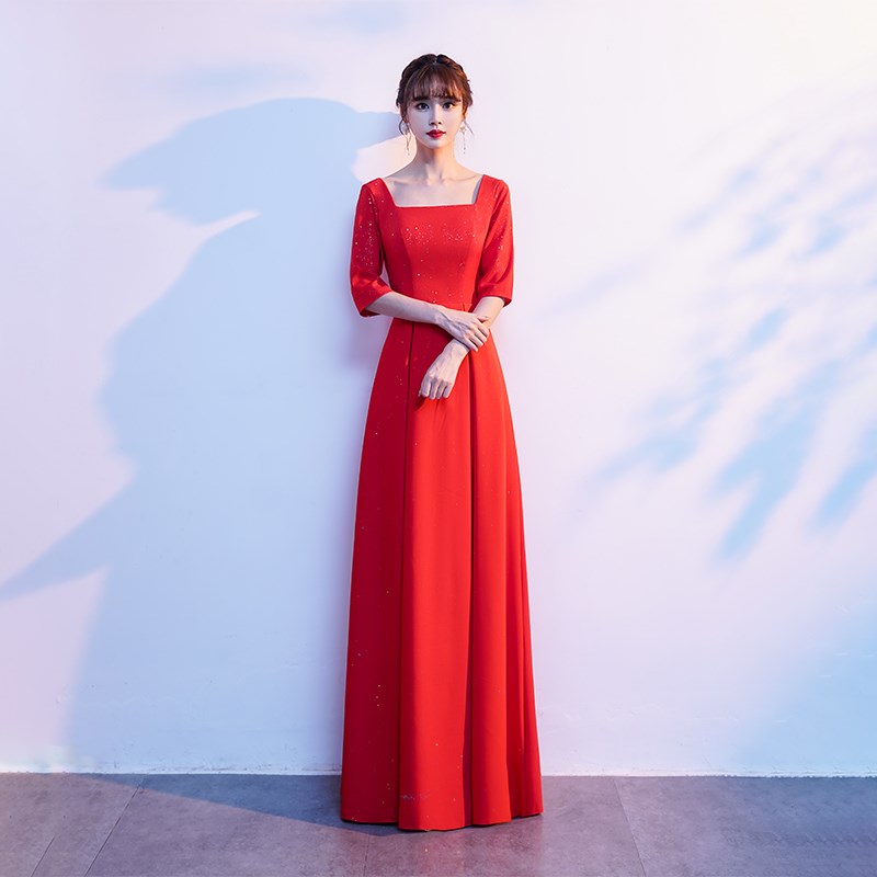 合唱团演出服女长裙成人诗朗诵表演服装红歌主P持礼服宴会红色夏
