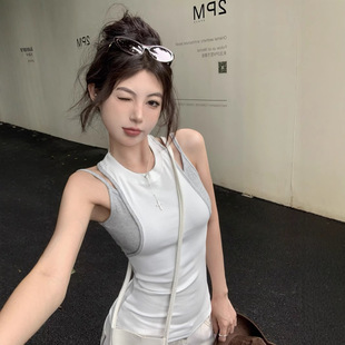 型 1074 辣妹风假两件撞色吊带背心女款 性感弹力百搭打底袖 衣修身