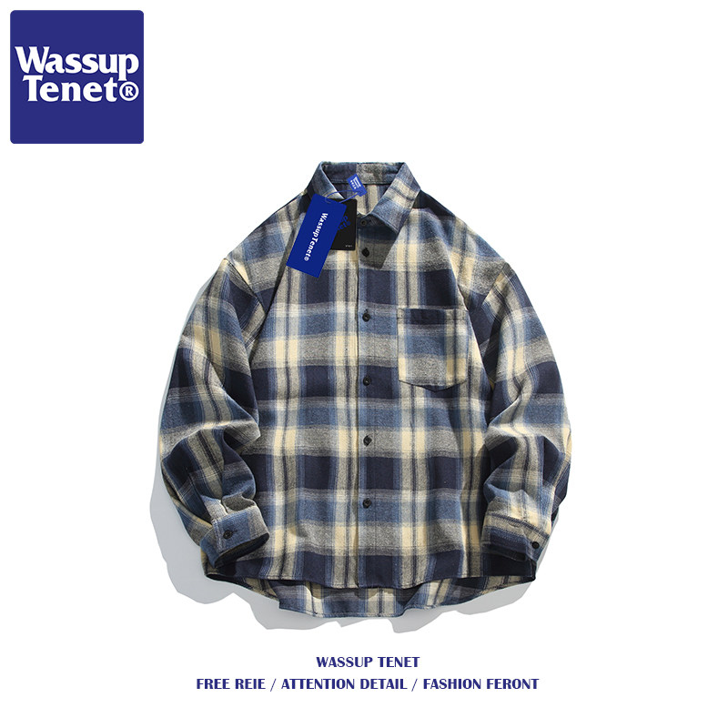 Wassup tenet日系格子宽松复古长袖衬衫男士秋季ins潮流痞帅情侣